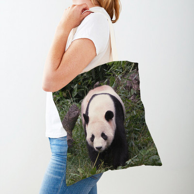 Mindkét oldalas kínai panda női bevásárlótáskák újrafelhasználható női utazótáska aranyos vadállat lány vászon táska váll kézitáska
