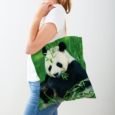 Mindkét oldalas kínai panda női bevásárlótáskák újrafelhasználható női utazótáska aranyos vadállat lány vászon táska váll kézitáska