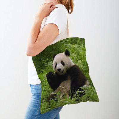 Mindkét oldalas kínai panda női bevásárlótáskák újrafelhasználható női utazótáska aranyos vadállat lány vászon táska váll kézitáska