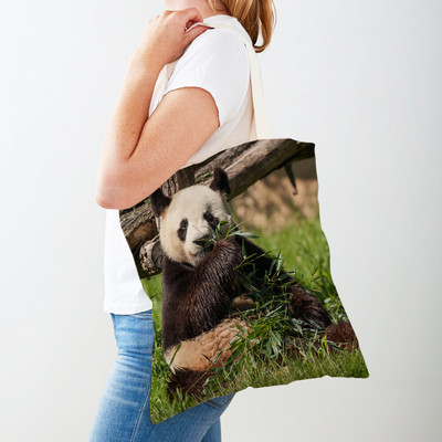 Mindkét oldalas kínai panda női bevásárlótáskák újrafelhasználható női utazótáska aranyos vadállat lány vászon táska váll kézitáska