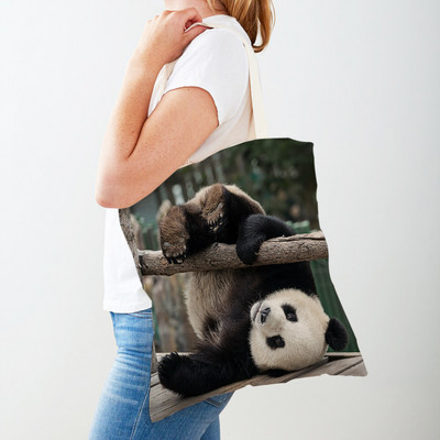 Mindkét oldalas kínai panda női bevásárlótáskák újrafelhasználható női utazótáska aranyos vadállat lány vászon táska váll kézitáska