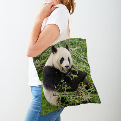 Mindkét oldalas kínai panda női bevásárlótáskák újrafelhasználható női utazótáska aranyos vadállat lány vászon táska váll kézitáska