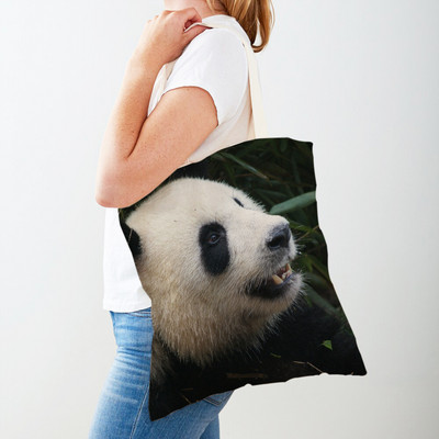 Mindkét oldalas kínai panda női bevásárlótáskák újrafelhasználható női utazótáska aranyos vadállat lány vászon táska váll kézitáska