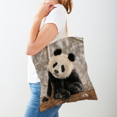 Mindkét oldalas kínai panda női bevásárlótáskák újrafelhasználható női utazótáska aranyos vadállat lány vászon táska váll kézitáska