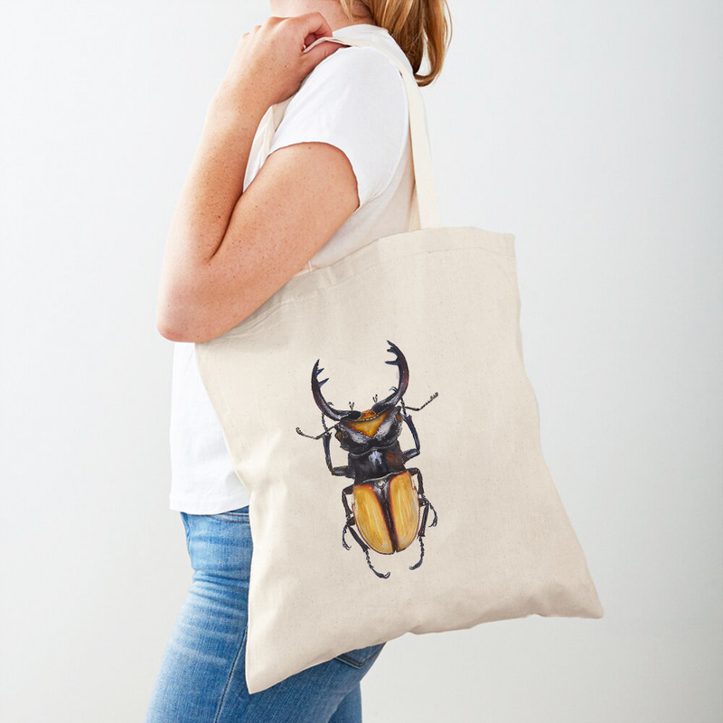 Колекция от бръмбари от насекоми Ежедневни дамски пазарски чанти Карикатурен животински плат Двустранна платнена чанта за пазаруване в супермаркет Дамска чанта