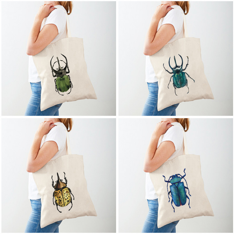 Колекция от бръмбари от насекоми Ежедневни дамски пазарски чанти Карикатурен животински плат Двустранна платнена чанта за пазаруване в супермаркет Дамска чанта