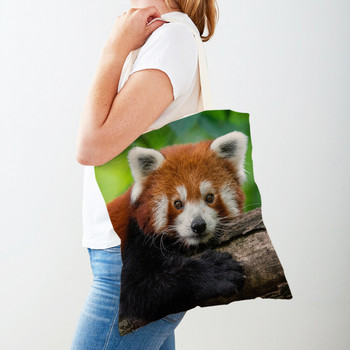 Άγριο ζώο Χαριτωμένο κόκκινο Panda Γυναικεία πάνινη τσάντα αγορών, επαναχρησιμοποιήσιμη και στις δύο όψεις, επαναχρησιμοποιήσιμες τσάντες ώμου για κορίτσι ταξιδιού