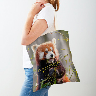 Vadállat aranyos piros panda női vászon bevásárlótáska, újrafelhasználható mindkét oldalon újrafelhasználható lány hölgy utazó válltáska kézitáska
