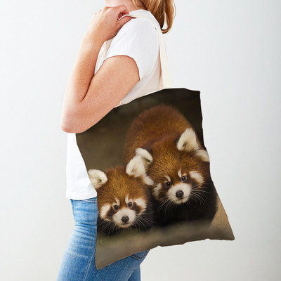 Vadállat aranyos piros panda női vászon bevásárlótáska, újrafelhasználható mindkét oldalon újrafelhasználható lány hölgy utazó válltáska kézitáska