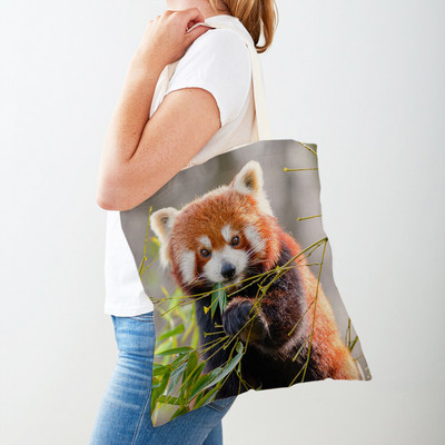 Vadállat aranyos piros panda női vászon bevásárlótáska, újrafelhasználható mindkét oldalon újrafelhasználható lány hölgy utazó válltáska kézitáska