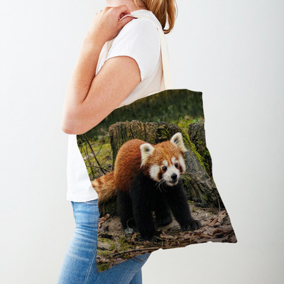 Vadállat aranyos piros panda női vászon bevásárlótáska, újrafelhasználható mindkét oldalon újrafelhasználható lány hölgy utazó válltáska kézitáska