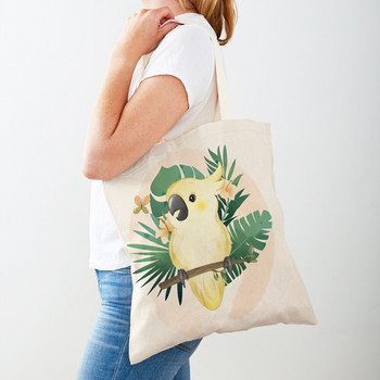 Tropical Leaves Cartoon Animal Shopper Τσάντα Casual Handbag Καμβά εκτύπωσης και στις δύο όψεις Bird Giraffe Lion Τσάντα αγορών Tote για κορίτσι