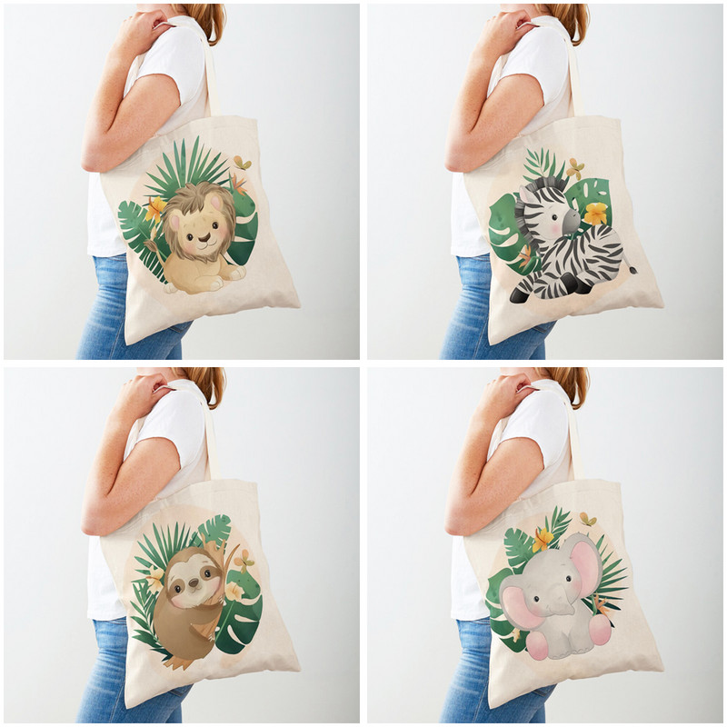 Пазарска чанта с тропически листа с карикатура на животни Ежедневна ръчна чанта Двустранен печат Платно Птица Жираф Лъв Пазарска чанта Тоте за момиче