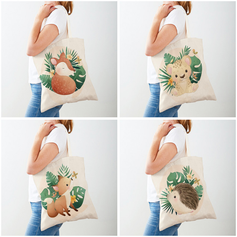 Пазарска чанта с тропически листа с карикатура на животни Ежедневна ръчна чанта Двустранен печат Платно Птица Жираф Лъв Пазарска чанта Тоте за момиче