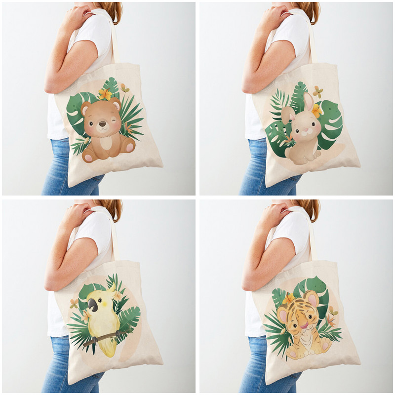 Пазарска чанта с тропически листа с карикатура на животни Ежедневна ръчна чанта Двустранен печат Платно Птица Жираф Лъв Пазарска чанта Тоте за момиче