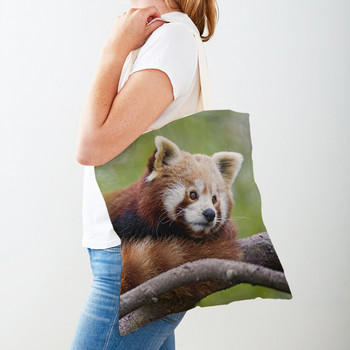 Χαριτωμένο κόκκινο Panda Γυναικείες πάνινες τσάντες αγορών επαναχρησιμοποιήσιμες πτυσσόμενες τσάντες κοριτσιών και στις δύο όψεις Wild Animal Lady Travel Shoulder to