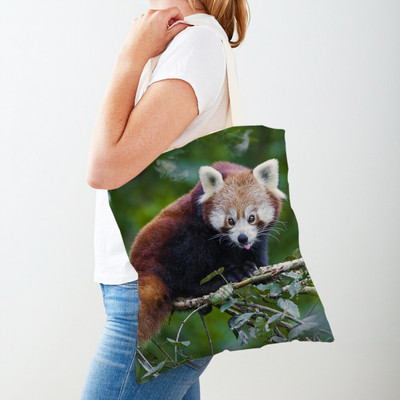 Aranyos vörös panda női vászon bevásárlótáska, újrafelhasználható, mindkét oldalon összecsukható lány kézitáska Vadállat hölgy utazik vállról