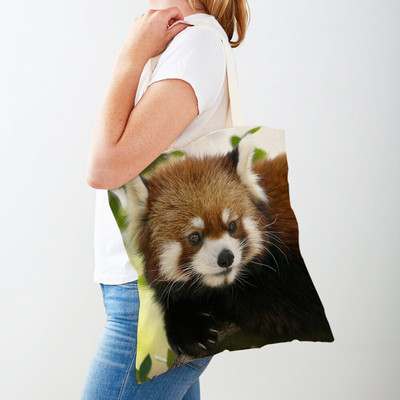 Aranyos vörös panda női vászon bevásárlótáska, újrafelhasználható, mindkét oldalon összecsukható lány kézitáska Vadállat hölgy utazik vállról