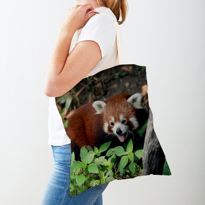 Aranyos vörös panda női vászon bevásárlótáska, újrafelhasználható, mindkét oldalon összecsukható lány kézitáska Vadállat hölgy utazik vállról