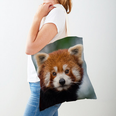 Aranyos vörös panda női vászon bevásárlótáska, újrafelhasználható, mindkét oldalon összecsukható lány kézitáska Vadállat hölgy utazik vállról