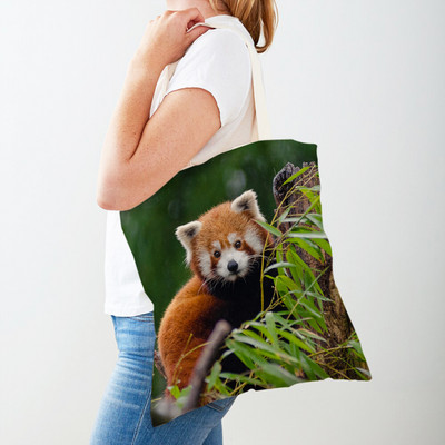 Aranyos vörös panda női vászon bevásárlótáska, újrafelhasználható, mindkét oldalon összecsukható lány kézitáska Vadállat hölgy utazik vállról