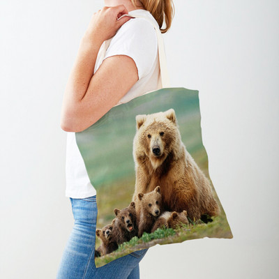 Brown Bear Women Canvas Shopper Bag Iepirkumu somas ar abām pusēm Print Atkārtoti lietojams savvaļas dzīvnieku meitenes ikdienas audekla ceļojumu rokassomiņa