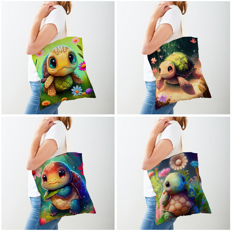 Дамски пазарски чанти със сладка морска костенурка Дамска чанта за пътуване през рамо Еко платнена чанта с двоен принт Карикатура Чанта за пазаруване на животни