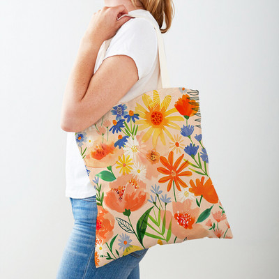 Cartoon Plant Tree Flower Double Print Casual Canvas Γυναικείες τσάντες αγορών Επαναχρησιμοποιούμενες Eco Πολύχρωμες Floral Τσάντα Shopper Tote Τσάντα