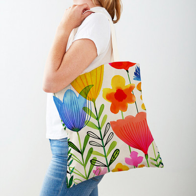 Cartoon Plant Tree Flower Double Print Casual Canvas Γυναικείες τσάντες αγορών Επαναχρησιμοποιούμενες Eco Πολύχρωμες Floral Τσάντα Shopper Tote Τσάντα