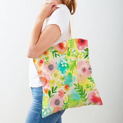 Cartoon Plant Tree Flower Double Print Casual Canvas Γυναικείες τσάντες αγορών Επαναχρησιμοποιούμενες Eco Πολύχρωμες Floral Τσάντα Shopper Tote Τσάντα