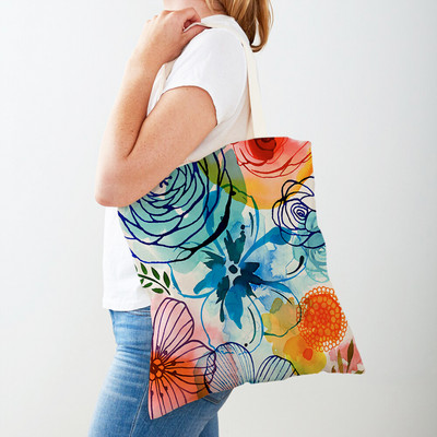 Cartoon Plant Tree Flower Double Print Casual Canvas Γυναικείες τσάντες αγορών Επαναχρησιμοποιούμενες Eco Πολύχρωμες Floral Τσάντα Shopper Tote Τσάντα