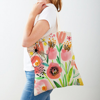 Cartoon Plant Tree Flower Double Print Casual Canvas Γυναικείες τσάντες αγορών Επαναχρησιμοποιούμενες Eco Πολύχρωμες Floral Τσάντα Shopper Tote Τσάντα