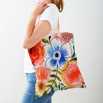 Cartoon Plant Tree Flower Double Print Casual Canvas Γυναικείες τσάντες αγορών Επαναχρησιμοποιούμενες Eco Πολύχρωμες Floral Τσάντα Shopper Tote Τσάντα