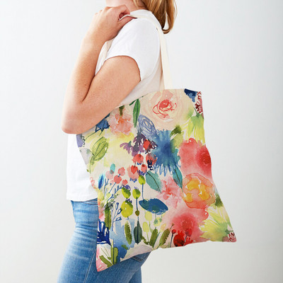 Cartoon Plant Tree Flower Double Print Casual Canvas Γυναικείες τσάντες αγορών Επαναχρησιμοποιούμενες Eco Πολύχρωμες Floral Τσάντα Shopper Tote Τσάντα