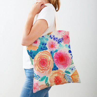 Cartoon Plant Tree Flower Double Print Casual Canvas Γυναικείες τσάντες αγορών Επαναχρησιμοποιούμενες Eco Πολύχρωμες Floral Τσάντα Shopper Tote Τσάντα