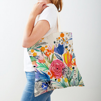 Cartoon Plant Tree Flower Double Print Casual Canvas Γυναικείες τσάντες αγορών Επαναχρησιμοποιούμενες Eco Πολύχρωμες Floral Τσάντα Shopper Tote Τσάντα