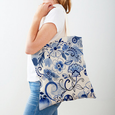 Cartoon Plant Tree Flower Double Print Casual Canvas Γυναικείες τσάντες αγορών Επαναχρησιμοποιούμενες Eco Πολύχρωμες Floral Τσάντα Shopper Tote Τσάντα