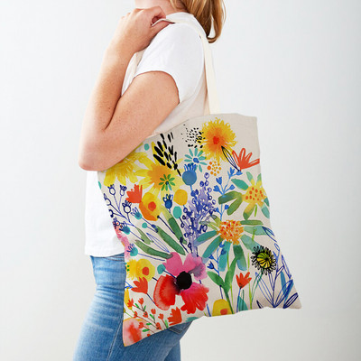 Cartoon Plant Tree Flower Double Print Casual Canvas Γυναικείες τσάντες αγορών Επαναχρησιμοποιούμενες Eco Πολύχρωμες Floral Τσάντα Shopper Tote Τσάντα