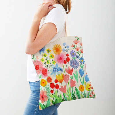 Cartoon Plant Tree Flower Double Print Casual Canvas Γυναικείες τσάντες αγορών Επαναχρησιμοποιούμενες Eco Πολύχρωμες Floral Τσάντα Shopper Tote Τσάντα