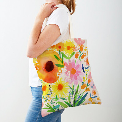 Cartoon Plant Tree Flower Double Print Casual Canvas Γυναικείες τσάντες αγορών Επαναχρησιμοποιούμενες Eco Πολύχρωμες Floral Τσάντα Shopper Tote Τσάντα