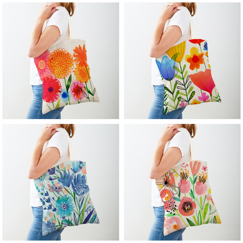 Карикатура Растение Дърво Цвете Двойна щампа Ежедневни платнени дамски чанти за многократна употреба Многократна еко цветна чанта за пазаруване на цветя Дамска чанта