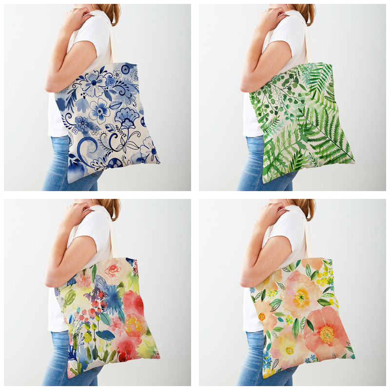 Карикатура Растение Дърво Цвете Двойна щампа Ежедневни платнени дамски чанти за многократна употреба Многократна еко цветна чанта за пазаруване на цветя Дамска чанта