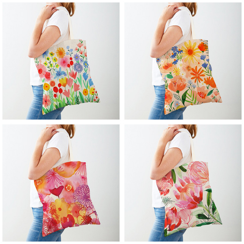 Карикатура Растение Дърво Цвете Двойна щампа Ежедневни платнени дамски чанти за многократна употреба Многократна еко цветна чанта за пазаруване на цветя Дамска чанта