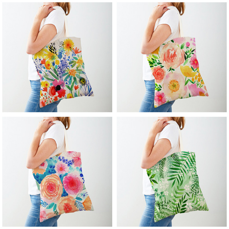 Карикатура Растение Дърво Цвете Двойна щампа Ежедневни платнени дамски чанти за многократна употреба Многократна еко цветна чанта за пазаруване на цветя Дамска чанта