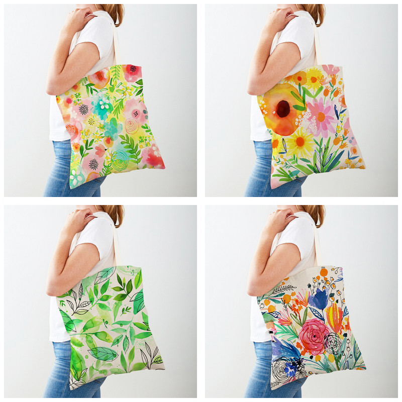 Карикатура Растение Дърво Цвете Двойна щампа Ежедневни платнени дамски чанти за многократна употреба Многократна еко цветна чанта за пазаруване на цветя Дамска чанта
