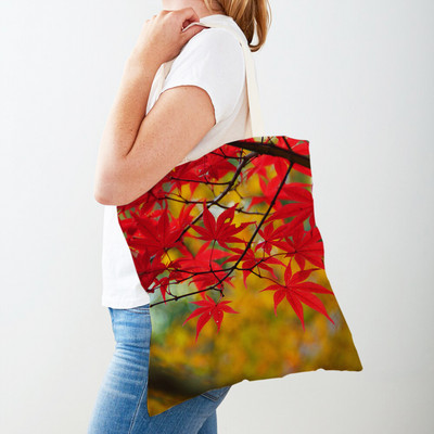 Kanada Maple Leaf Lady Shopper Bag Tote Kézitáska Plant Tree Virág Dupla nyomtatás Újrafelhasználható alkalmi vászon női bevásárlótáskák