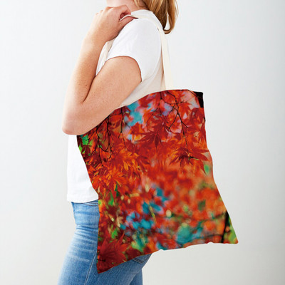 Kanada Maple Leaf Lady Shopper Bag Tote Kézitáska Plant Tree Virág Dupla nyomtatás Újrafelhasználható alkalmi vászon női bevásárlótáskák
