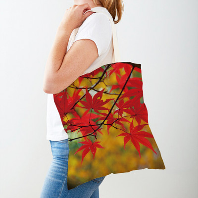 Kanada Maple Leaf Lady Shopper Bag Tote Kézitáska Plant Tree Virág Dupla nyomtatás Újrafelhasználható alkalmi vászon női bevásárlótáskák