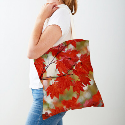 Kanada Maple Leaf Lady Shopper Bag Tote Kézitáska Plant Tree Virág Dupla nyomtatás Újrafelhasználható alkalmi vászon női bevásárlótáskák