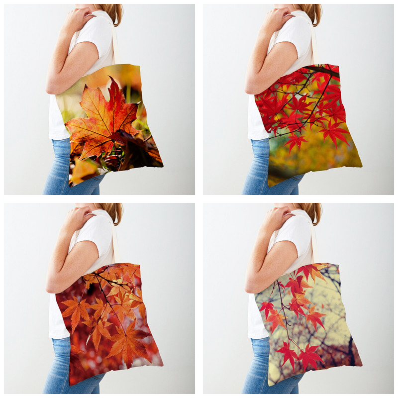 Дамска чанта за пазаруване от канадски кленов лист, голяма чанта, ръчна чанта, растение, дърво, цвете, двоен печат Ежедневни платнени дамски чанти за многократна употреба